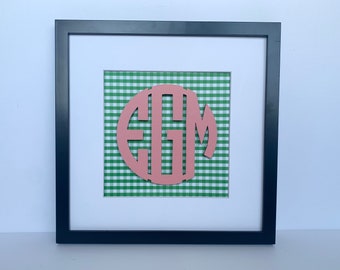 Girls Room Hanging Monogram, Framed Nursery Letters, Decorative Wall Initials, Gingham Print Art, 13x13" Frame