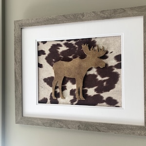 Framed Leather & Cowhide Moose, Rustic Mountain Wall Hanging Art, Moose Ski House or Cabin Decor, 18x22&quot; Frame