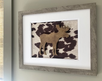 Framed Leather & Cowhide Moose, Rustic Mountain Wall Hanging Art, Moose Ski House or Cabin Decor, 18x22" Frame