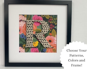 Nursery fabric letters, rifle paper co fabric pattern, framed children&#39;s initials, 18x22&quot;