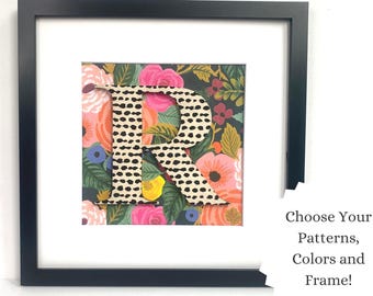 Nursery fabric letters, rifle paper co fabric pattern, framed children's initials, 13x13"