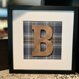 May include: A framed piece of art featuring a brown letter "B" on a blue and white plaid background.
