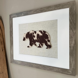 Framed Cowhide Bear, Rustic Mountain Wall Hanging Art, Bear Ski House or Cabin Decor, Moutain Home Art, 18x22&quot; Frame