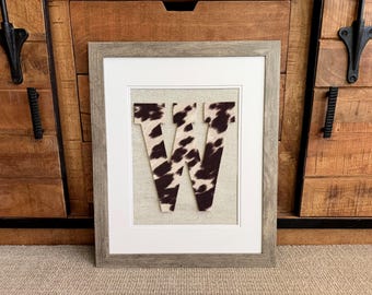Cowhide letters, Cowboy nursery art, Framed western initial for family, 18x22"