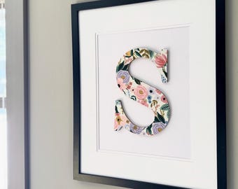 fabric nursery letter, Rifle Paper Co, garden party on ivory print, framed initial, 18x22