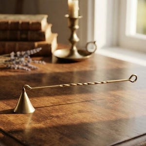 May include: A brass candle snuffer featuring a conical bell-shaped head and a long, slender handle with a twisted metal design, ending in a small circular loop for hanging. The metal has a smooth, polished finish that reflects the light.