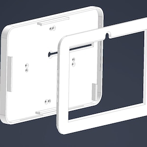 May include: A white, 3D-rendered product design of a rectangular frame and a backplate. The frame has rounded corners and a cutout on one side. The backplate has mounting holes and slots. The design is set against a dark blue background.