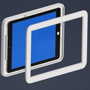 Puede incluir: Una funda blanca para tableta con un marco a juego, diseñada para proteger una tableta con una pantalla azul. La funda se muestra parcialmente abierta, revelando la pantalla y el diseño de la tableta. El producto es probablemente para electrónica.