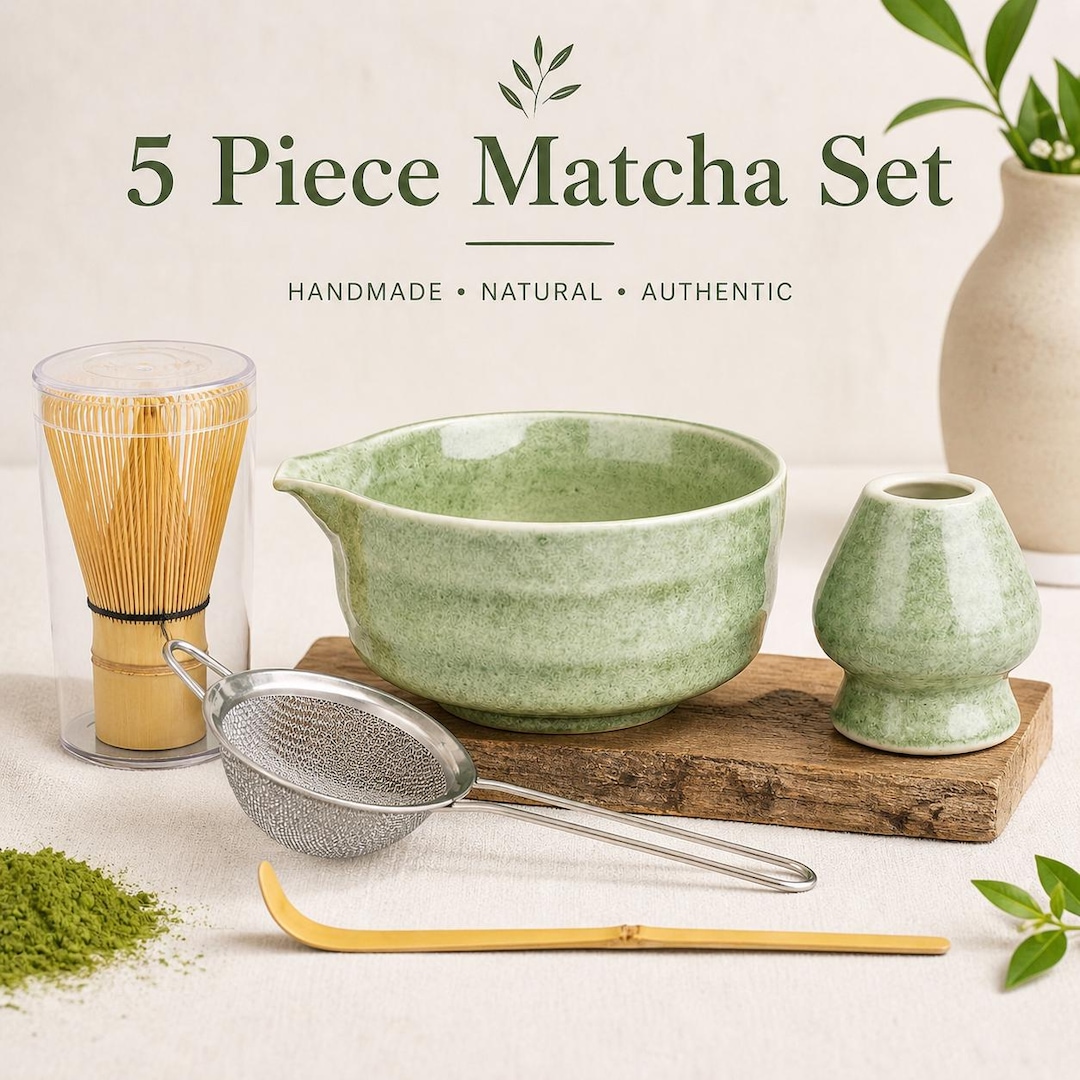 5 Piece Matcha Set Handmade Ceramic Bowl, Bamboo Whisk Chasen, Scoop, Sieve & Holder – Japanese Matcha Kit, Tea Ceremony Set Gift