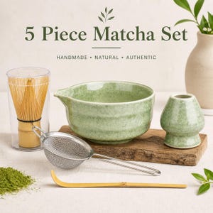 May include: A 5-piece matcha set featuring a green ceramic bowl, whisk, sifter, scoop, and whisk holder. The set is presented on a wooden board with matcha powder. The image text reads "5 Piece Matcha Set".