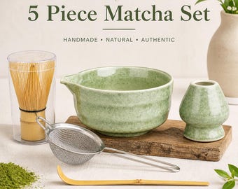抹茶セット5点セット：手作り陶器茶碗、竹製茶筅、茶杓、茶筅、茶杓ホルダー – 日本の抹茶キット、茶道セットギフト