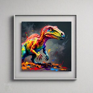 Może przedstawiać: Kolorowa ilustracja dinozaura w tęczowych kolorach na ciemnoszarym tle z plamami farby.