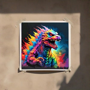May include: A colorful, abstract illustration of a Godzilla-like monster with a red eye, set against a dark background with splashes of color.