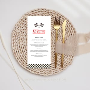 Vintage racewagenfeest menukaartsjabloon voor racewagenthema Aangepaste menukaart voor autofeest Voedselmenukaart voor speedrace Verjaardagsfeestje