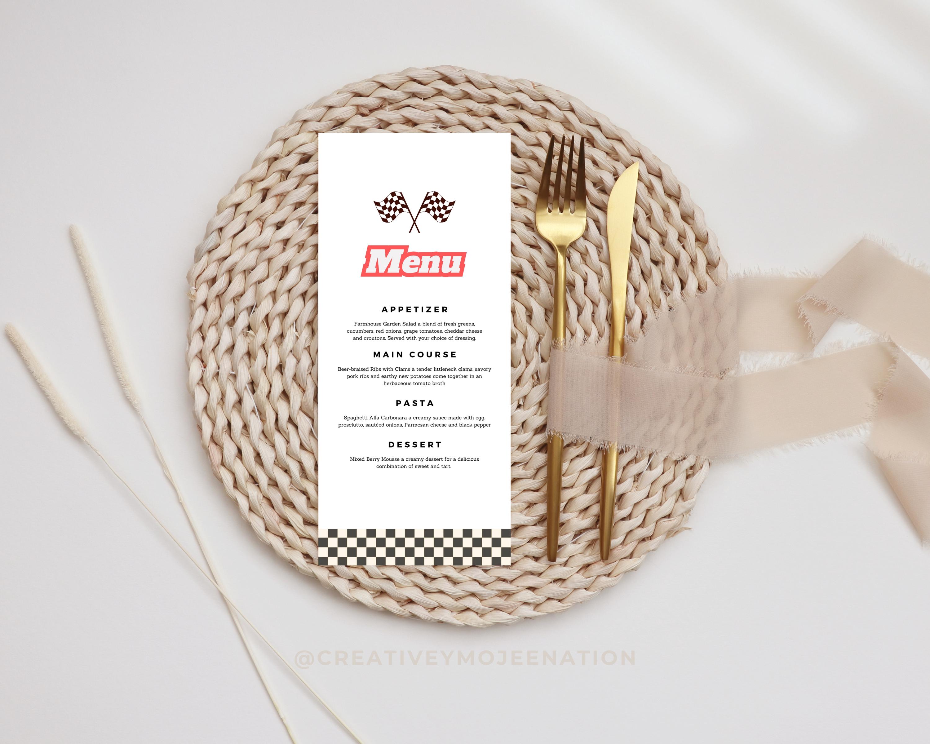 Vintage Race Car Party Menu Card Template for Racing Car Theme Custom ...