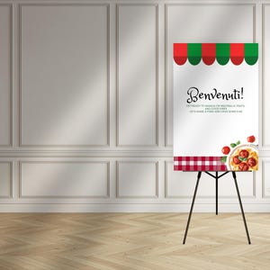 Modelo de placa de boas-vindas para festa de macarrão com tema de almôndega, modelo de placa de cavalete para festa de almôndega, decoração de sinalização para festa de aniversário italiana