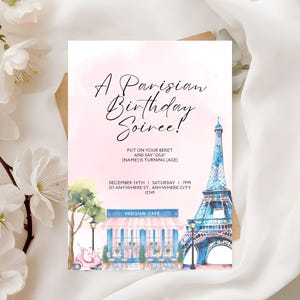 Plantilla de invitación de cumpleaños parisina para fiesta de cumpleaños con temática de París, invitación para fiesta de cumpleaños de Eiffel imprimible para fiesta de Café de París
