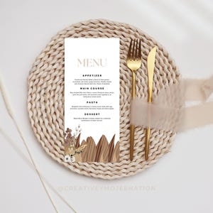 Boho Party Menü Kartenvorlage für rustikales Thema Benutzerdefinierte Menükarte für Boho Chic Party Druckbares Menü für Boho Style Geburtstagsparty