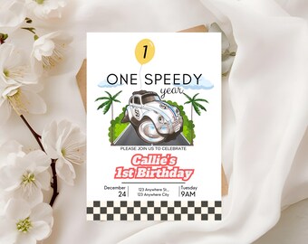 May include: A birthday invitation with a checkered background. The invitation features a cartoon illustration of a white Volkswagen Beetle with a number "53" on the side. The text on the invitation reads "One Speedy Year", "Callie's 1st Birthday", "December 24", "123 Anywhere St., 123 Anywhere City", and "Tuesday 9AM".