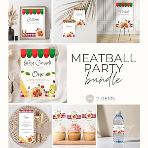 Pacote de modelos para festa de aniversário com almôndegas para festa temática italiana, decoração para festa com macarrão, pacote de modelos editáveis para festa italiana