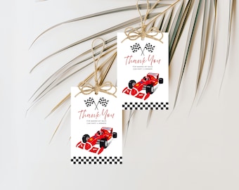 Etichetta regalo minimalista per auto da corsa, stampabile per feste a tema corse, etichetta di ringraziamento per feste con auto rosse, modello di etichetta regalo personalizzata per pista da corsa
