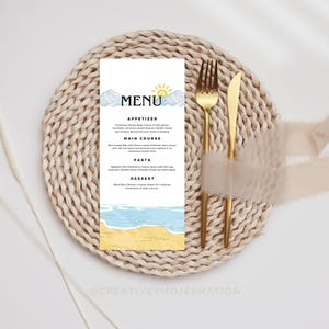 Modèle de carte de menu de fête sur la plage pour le thème de l'été Carte de menu personnalisée pour la fête sur la plage Carte de menu imprimable avec des plats pour une fête d'anniversaire sur le thème de la plage