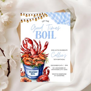 Plantilla de invitación "Que hiervan los buenos tiempos" para fiesta de cumpleaños con temática de mariscos. Invitación para fiesta de cumpleaños de mariscos imprimible para hervir mariscos.