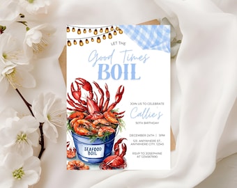 Modello di invito "Let The Good Times Boil" per la festa di compleanno a tema frutti di mare. Invito per la festa di compleanno a tema frutti di mare. Stampabile per la bollitura dei frutti di mare.