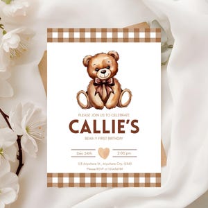 Modello di invito per il primo compleanno di Beary per la festa di compleanno a tema orso, invito per la festa di compleanno di un orso bruno stampabile per la festa di un orso coccoloso