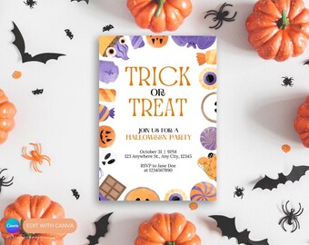 May include: A printable Halloween party invitation with a white background and a border of colorful Halloween-themed illustrations. The text reads "Trick or Treat: Join us for a Halloween Party" with the date, time, address, and RSVP information below.