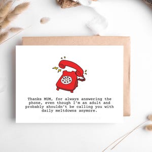Cartão de felicitações digital para mãe, tema de telefone vermelho, presente para mãe, impressão, engraçado, dia das mães, presente exclusivo para mãe, cartão de felicitações para pais