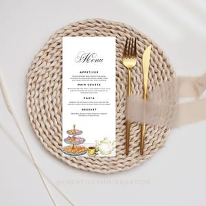 Teeparty-Menükarte-Vorlage für Gartenthema Benutzerdefinierte Menükarte für Teeparty-Druckbar-Speisekarte für Nachmittagstee-Geburtstagsparty-Menükarte