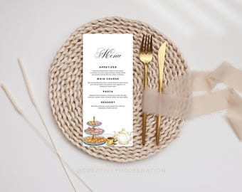 Tea Party Menu Card Template For Garden Theme Custom Menu Card For Tea Party Printable Food Menu For Afternoon Tea Birthday Party Menu Card