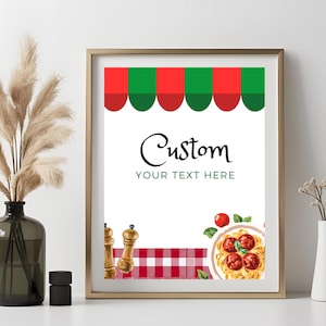 Modelo de placa personalizada para festa de aniversário com almôndegas, tema de massa, placa personalizada para festa italiana, sinalização editável para festa no jardim