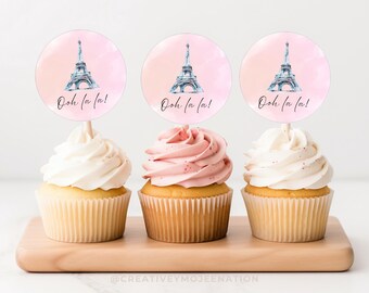 Adorno para cupcakes de París para fiesta temática de viajes, decoración para fiesta parisina, adorno para cupcakes DIY, Torre Eiffel, fiesta de cumpleaños, cupcake imprimible