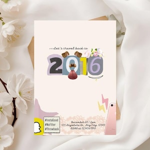 May include: A cream-colored invitation card with the text "Let's travel back to 2016". The design includes a dog's face incorporated into the numbers, floral accents, and a pink smartphone illustration. Additional text includes hashtags and event details.
