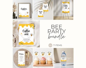 Plantillas para fiesta de cumpleaños de abejas, decoración imprimible para fiesta de colmena, plantillas editables para fiesta de abejas