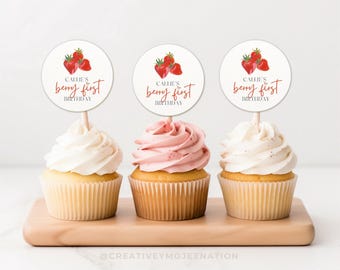 Berry First Birthday Cupcake Topper For Strawberry Theme Party Decoration For Berry Party DIY Cupcake Topper Fruit Theme Birthday Template