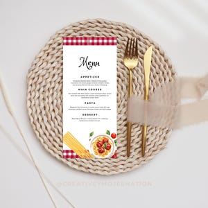 Modelo de cartão de menu de aniversário com almôndegas para tema italiano Cartão de menu personalizado para festa de almôndegas Menu de comida para impressão para festa de aniversário com massas