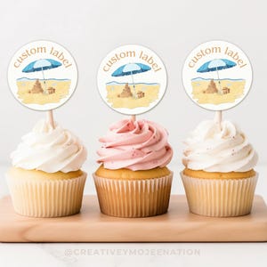 Beach Party Cupcake Topper Template Editable In Canva Summer Birthday Party Decor Printable Party Decoration DIY Tropical Party Toppers