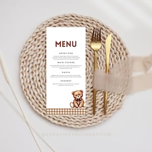 Modèle de carte de menu classique ours sur le thème de l'ours carte de menu personnalisée pour les bois Menu imprimable pour Beary carte de menu de fête du premier anniversaire