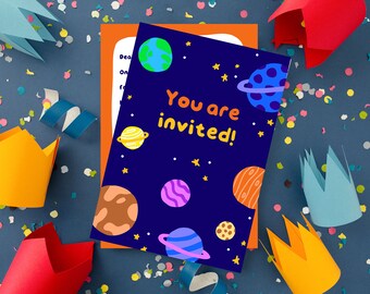 Children's Birthday Party Invitation [PRINTABLE] for Girls and Boys Space Planets Earth Moon (ook in Nederlands) feest uitnodiging