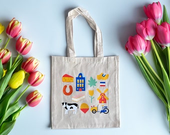 Dutch Delight: Vibrant Canvas Tote Bag with Windmills, Tulips, and Holland Landmarks