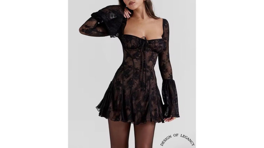 Black Flare Sleeve Square Neck Mini Dress