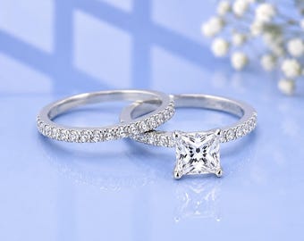 1.19 Ct Princess Cut Moissanite Bridal Set, Sterling Silver Engagement Ring Wedding Band