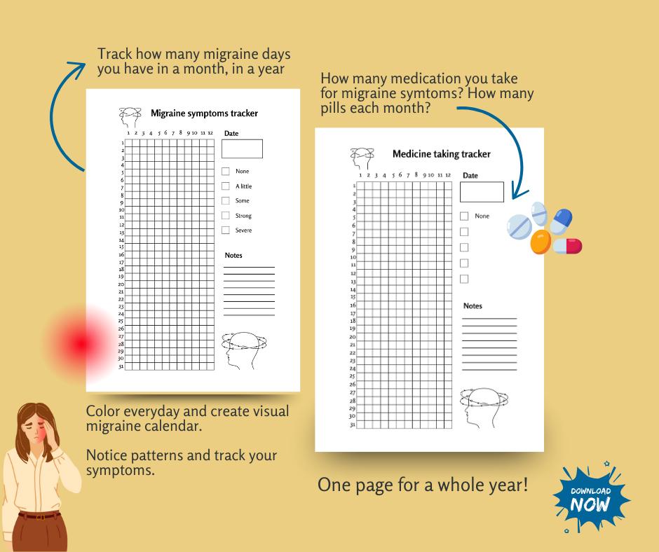 Migraine Tracker Printable Migraine Journal Headache Log Chronic Pain Tracker Health Checklist ...