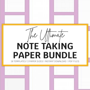Puede incluir: Imagen de un paquete de papel de notas digital. El diseño presenta un fondo lila claro con plantillas de papel blanco. El texto de la imagen dice "The Ultimate Note Taking Paper Bundle".
