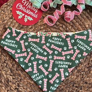 Christmas Dog Bandana - Reversible Holiday Bandana with Candy Cane Dog Bones, Happy Pawlidays, Christmas Tree Pattern - Winter Dog Accessory