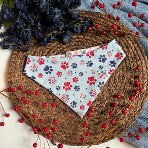 4th of July Dog Bandana - Reversible Patriotic Pet Scarf with Patriotic Paw Print and US Flag Heart Patterns - Fourth of July Dog Accessory