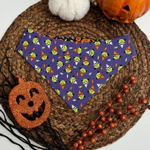 Halloween Dog Bandana - Reversible Pet Scarf with Witches & Pumpkins with Candy Pattern - Fall Dog Accessory